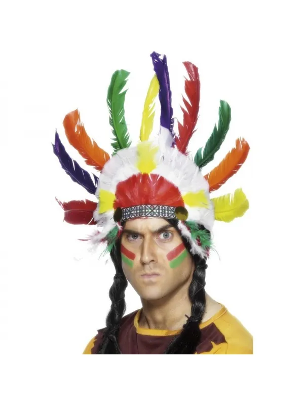 Coiffe indienne plumes multicolores