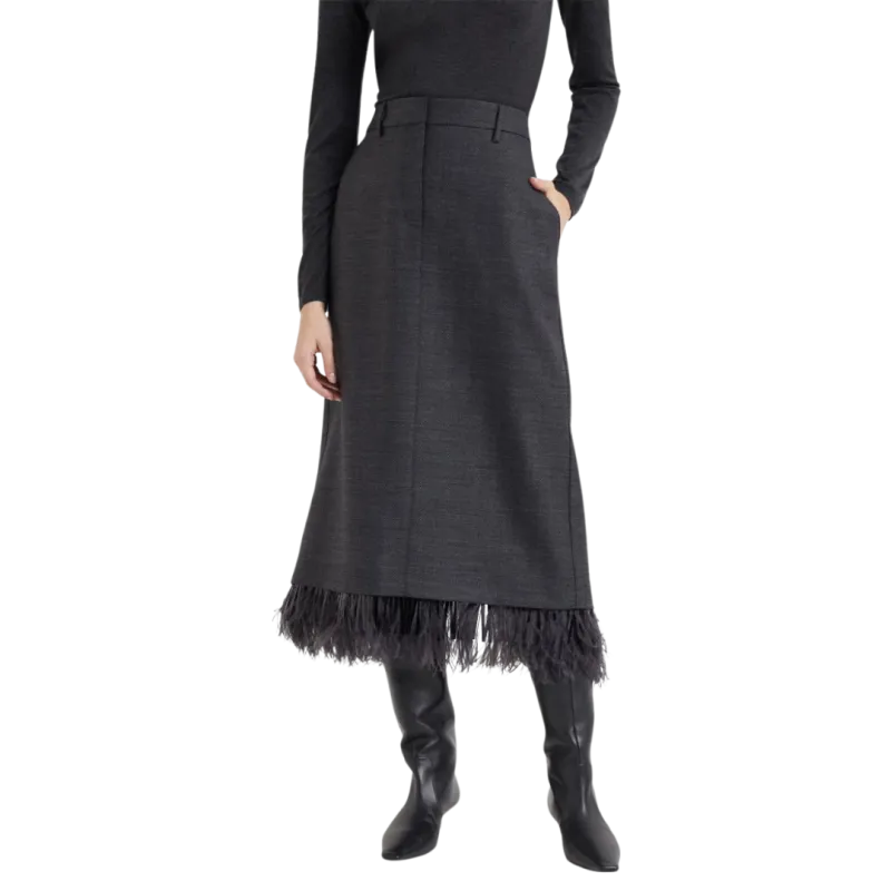 Jupe longue laine vierge gris anthracite plumes